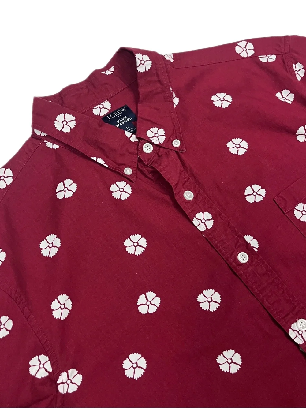 J. Crew Flex Washed Men's L Burgundy Short Sleeve Button-Down White Floral Print